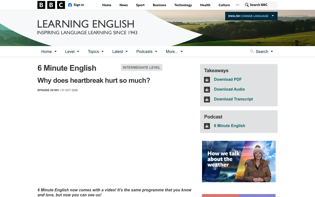 BBC Learning Englishの使い方：6 Minute Englishの回のページで音声と台本のPDFを開く画面