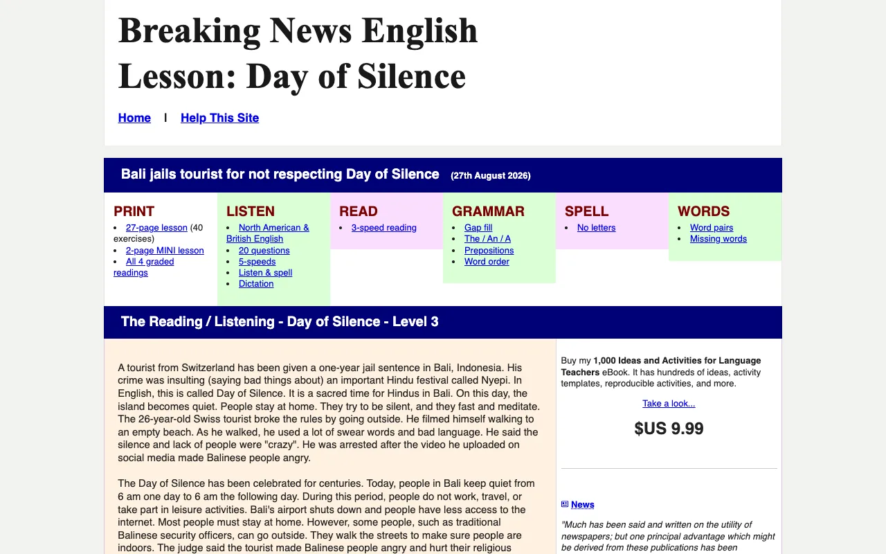 Breaking News Englishの使い方：ニュースのレッスンページでレベル別の読み物と音声を選ぶ画面