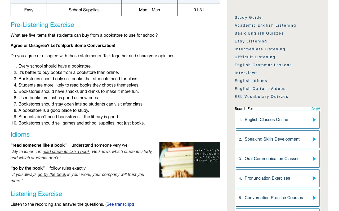 Randall's ESL Cyber Listening Labの使い方：EasyのレッスンのPre-Listening Exerciseの画面