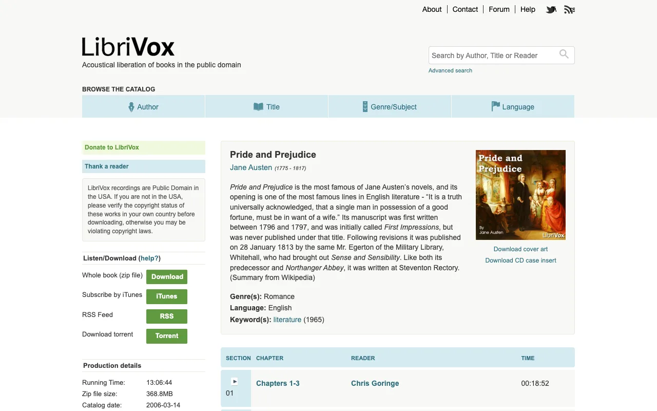 LibriVoxの使い方：本のページで章ごとに再生・ダウンロードする画面