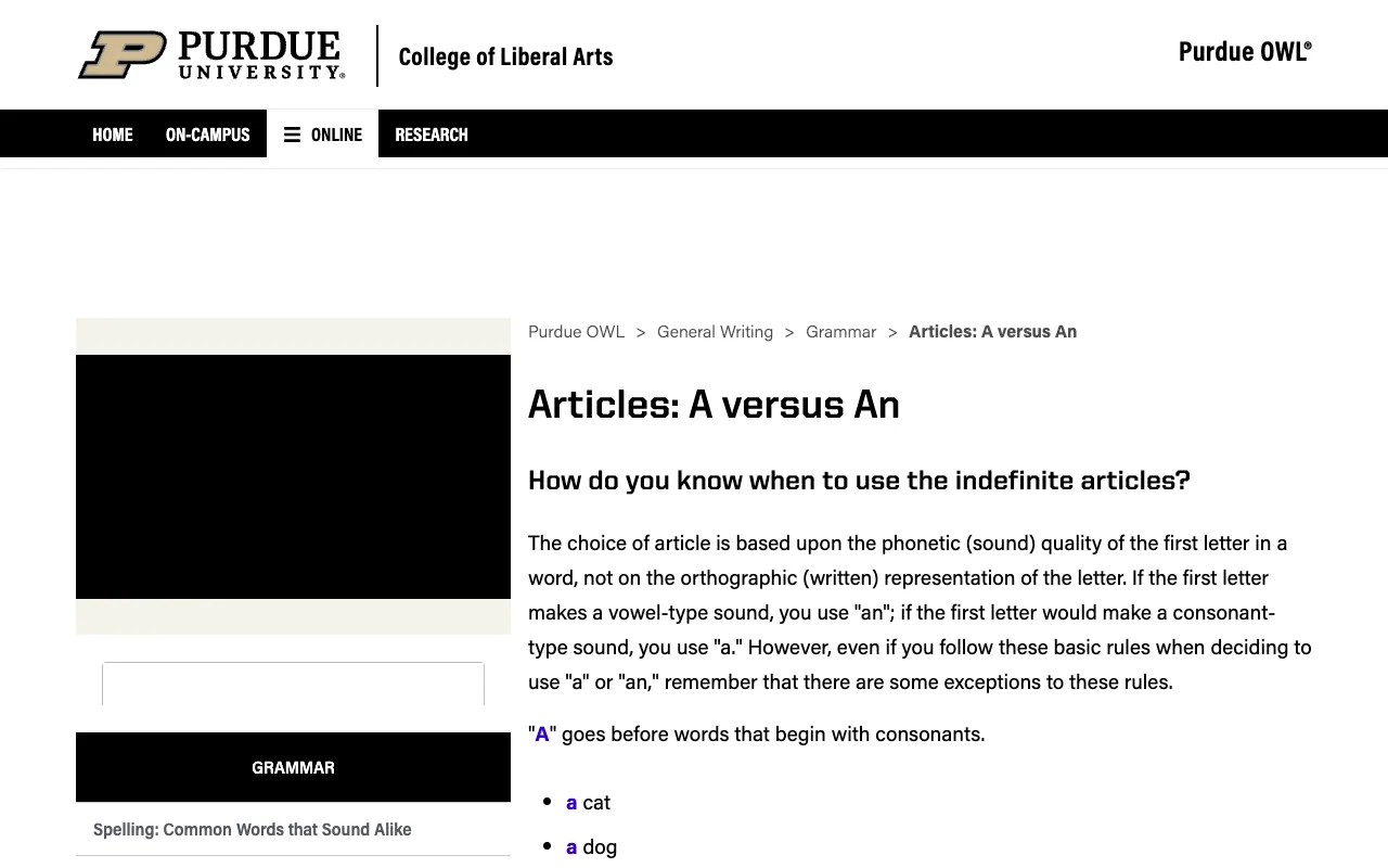 Purdue OWLの使い方：General Writingの文法の解説ページの画面