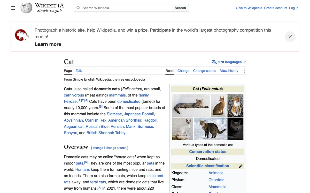 Simple English Wikipediaの使い方：やさしい英語で書かれた記事を読む画面