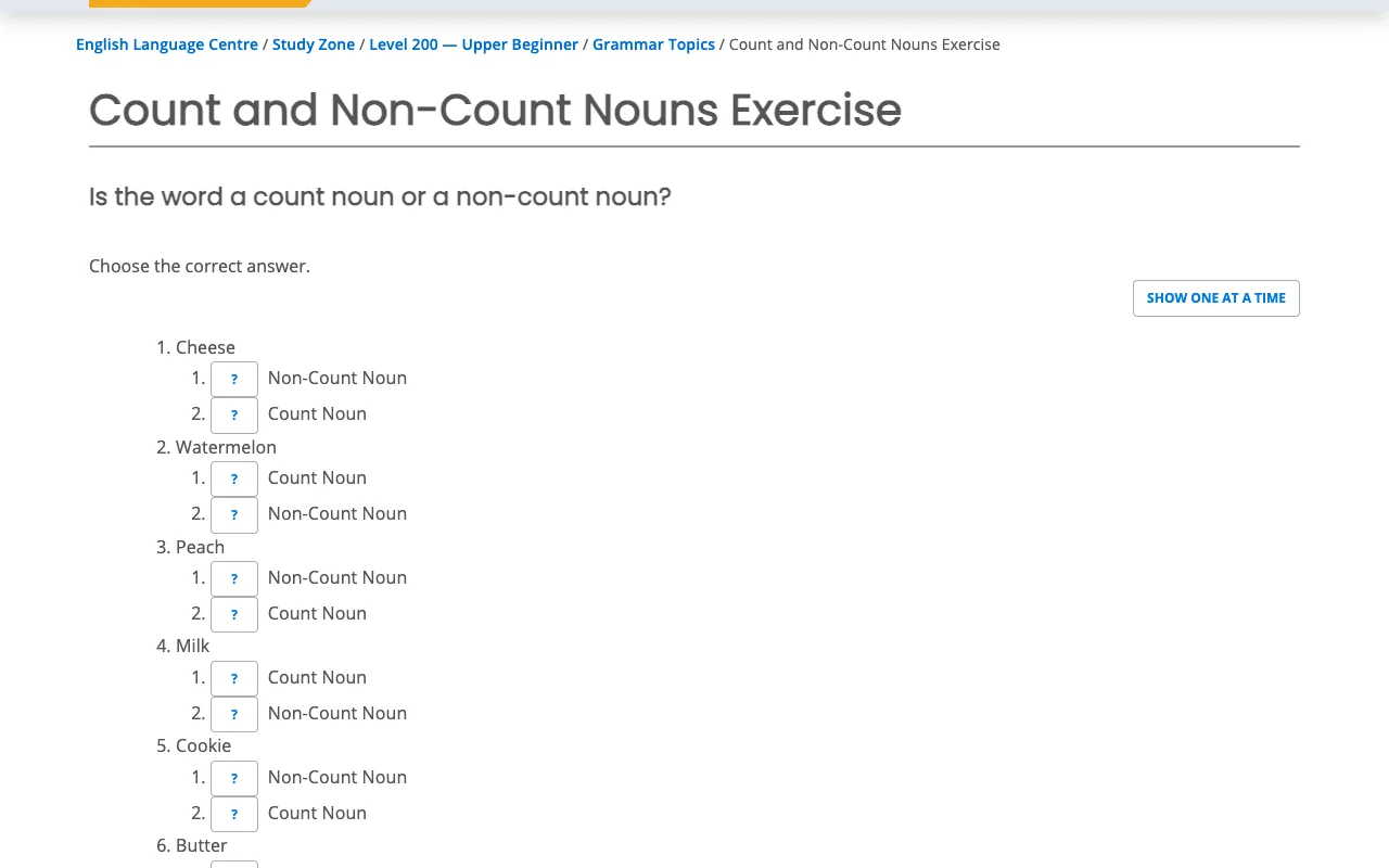 UVic ELC Study Zoneの使い方：Level 200の文法の練習問題（Count and Non-Count Nouns）の画面