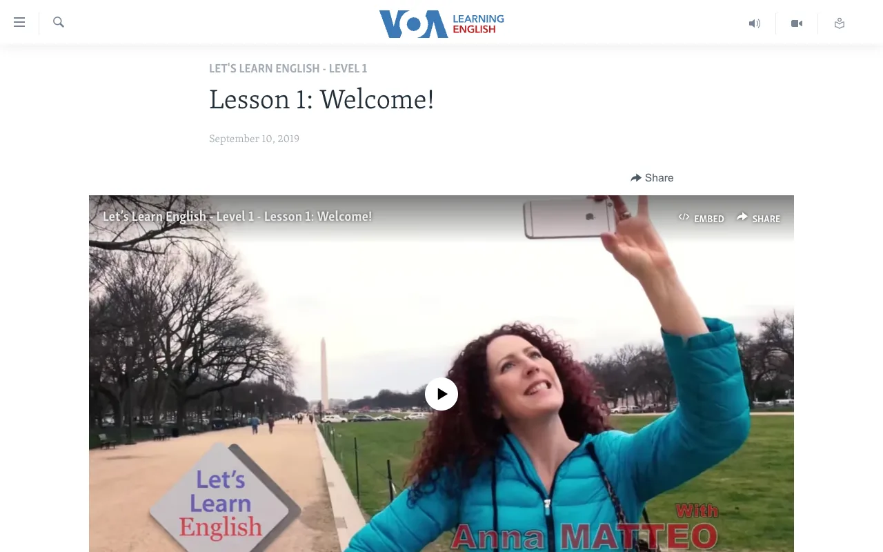 VOA Learning Englishの使い方：Let's Learn English Level 1のLesson 1の動画の画面